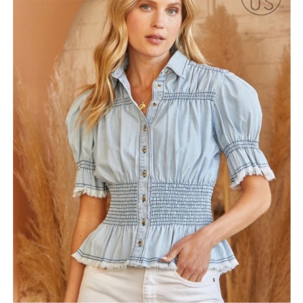 Pilcro Light Blue Ruffle-Smocked Button Front Top - Picture 3 of 11